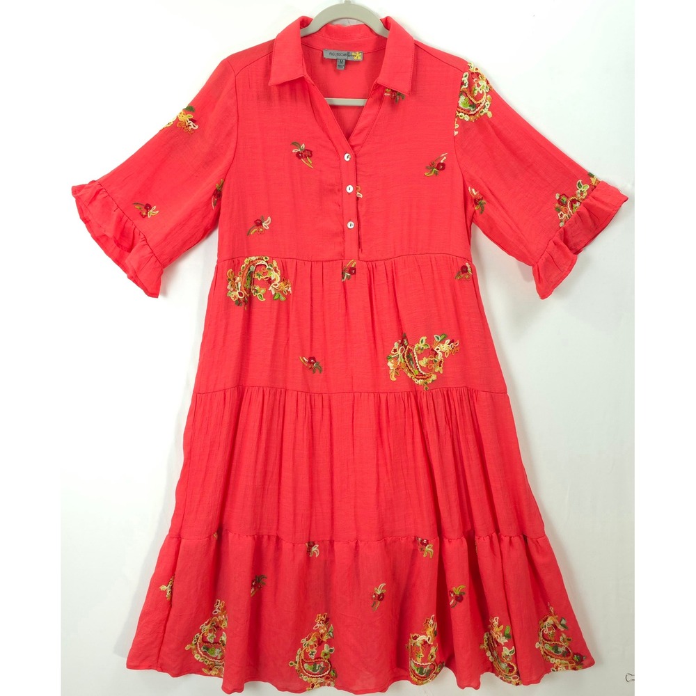 Anthropologie Figueroa & Flower Embroidered Dress Coral Pink Tiered M Boho - Picture 2 of 14